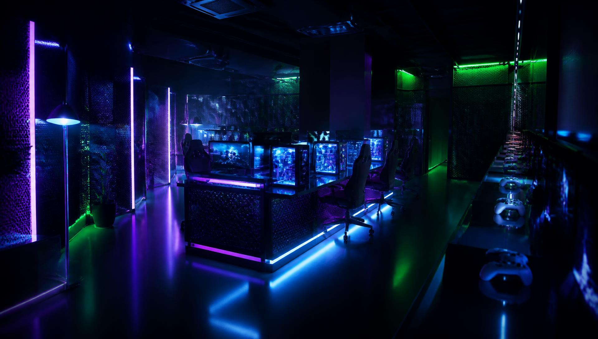 Neon-lit gaming lounge interior at Lake City Game Zone Bhopal